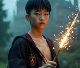 AI-generated wizards of the lion house handsome shirtless mages of the wizard academy conjuring great white lions in cinematic UHD fantasy art.