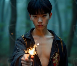 AI-generated wizards of the lion house handsome shirtless mages of the wizard academy conjuring great white lions in cinematic UHD fantasy art.