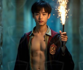 AI-generated wizards of the lion house handsome shirtless mages of the wizard academy conjuring great white lions in cinematic UHD fantasy art.