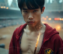 AI-generated wizards of the lion house handsome shirtless mages of the wizard academy conjuring great white lions in cinematic UHD fantasy art.