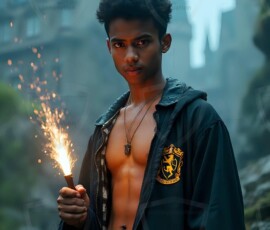 AI-generated wizards of the lion house handsome shirtless mages of the wizard academy conjuring great white lions in cinematic UHD fantasy art.