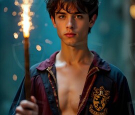 AI-generated wizards of the lion house handsome shirtless mages of the wizard academy conjuring great white lions in cinematic UHD fantasy art.