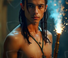 AI-generated wizards of the lion house handsome shirtless mages of the wizard academy conjuring great white lions in cinematic UHD fantasy art.