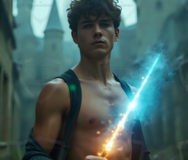 AI-generated wizards of the lion house handsome shirtless mages of the wizard academy conjuring great white lions in cinematic UHD fantasy art.