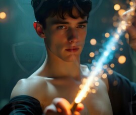 AI-generated wizards of the lion house handsome shirtless mages of the wizard academy conjuring great white lions in cinematic UHD fantasy art.
