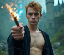 AI-generated wizards of the lion house handsome shirtless mages of the wizard academy conjuring great white lions in cinematic UHD fantasy art.