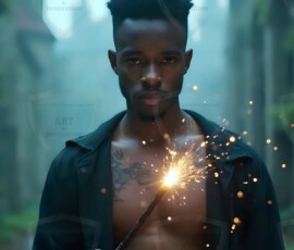 AI-generated wizards of the lion house handsome shirtless mages of the wizard academy conjuring great white lions in cinematic UHD fantasy art.