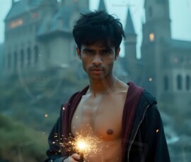 AI-generated wizards of the lion house handsome shirtless mages of the wizard academy conjuring great white lions in cinematic UHD fantasy art.