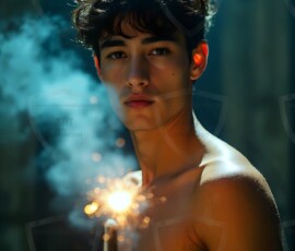 AI-generated wizards of the lion house handsome shirtless mages of the wizard academy conjuring great white lions in cinematic UHD fantasy art.
