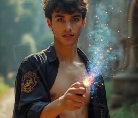 AI-generated wizards of the lion house handsome shirtless mages of the wizard academy conjuring great white lions in cinematic UHD fantasy art.
