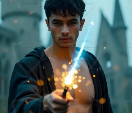 AI-generated wizards of the lion house handsome shirtless mages of the wizard academy conjuring great white lions in cinematic UHD fantasy art.