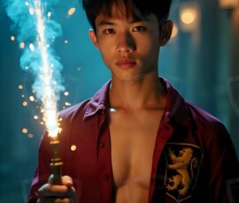 AI-generated wizards of the lion house handsome shirtless mages of the wizard academy conjuring great white lions in cinematic UHD fantasy art.