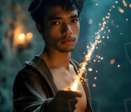 AI-generated wizards of the lion house handsome shirtless mages of the wizard academy conjuring great white lions in cinematic UHD fantasy art.