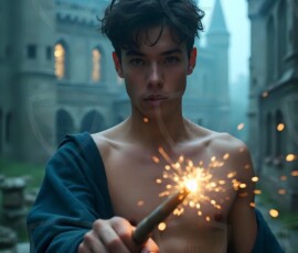 AI-generated wizards of the lion house handsome shirtless mages of the wizard academy conjuring great white lions in cinematic UHD fantasy art.