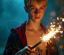 AI-generated wizards of the lion house handsome shirtless mages of the wizard academy conjuring great white lions in cinematic UHD fantasy art.