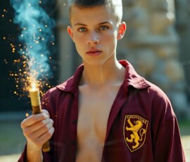 AI-generated wizards of the lion house handsome shirtless mages of the wizard academy conjuring great white lions in cinematic UHD fantasy art.