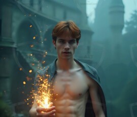 AI-generated wizards of the lion house handsome shirtless mages of the wizard academy conjuring great white lions in cinematic UHD fantasy art.