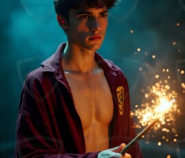 AI-generated wizards of the lion house handsome shirtless mages of the wizard academy conjuring great white lions in cinematic UHD fantasy art.