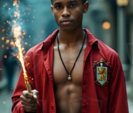AI-generated wizards of the lion house handsome shirtless mages of the wizard academy conjuring great white lions in cinematic UHD fantasy art.