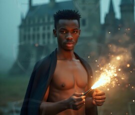 AI-generated wizards of the lion house handsome shirtless mages of the wizard academy conjuring great white lions in cinematic UHD fantasy art.