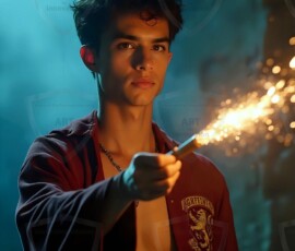 AI-generated wizards of the lion house handsome shirtless mages of the wizard academy conjuring great white lions in cinematic UHD fantasy art.