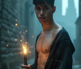 AI-generated wizards of the lion house handsome shirtless mages of the wizard academy conjuring great white lions in cinematic UHD fantasy art.