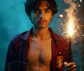 AI-generated wizards of the lion house handsome shirtless mages of the wizard academy conjuring great white lions in cinematic UHD fantasy art.