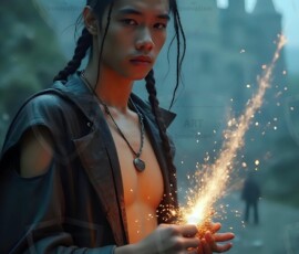 AI-generated wizards of the lion house handsome shirtless mages of the wizard academy conjuring great white lions in cinematic UHD fantasy art.