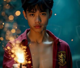 AI-generated wizards of the lion house handsome shirtless mages of the wizard academy conjuring great white lions in cinematic UHD fantasy art.