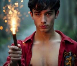 AI-generated wizards of the lion house handsome shirtless mages of the wizard academy conjuring great white lions in cinematic UHD fantasy art.