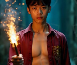 AI-generated wizards of the lion house handsome shirtless mages of the wizard academy conjuring great white lions in cinematic UHD fantasy art.