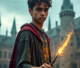 AI-generated wizards of the lion house handsome shirtless mages of the wizard academy conjuring great white lions in cinematic UHD fantasy art.