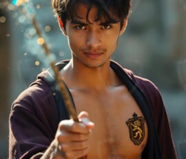 AI-generated wizards of the lion house handsome shirtless mages of the wizard academy conjuring great white lions in cinematic UHD fantasy art.