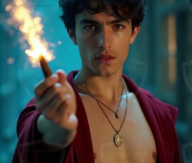 AI-generated wizards of the lion house handsome shirtless mages of the wizard academy conjuring great white lions in cinematic UHD fantasy art.