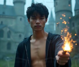AI-generated wizards of the lion house handsome shirtless mages of the wizard academy conjuring great white lions in cinematic UHD fantasy art.