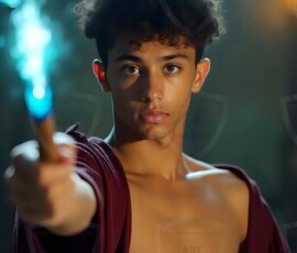 AI-generated wizards of the lion house handsome shirtless mages of the wizard academy conjuring great white lions in cinematic UHD fantasy art.