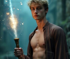 AI-generated wizards of the lion house handsome shirtless mages of the wizard academy conjuring great white lions in cinematic UHD fantasy art.