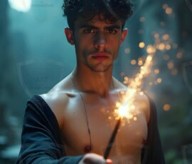 AI-generated wizards of the lion house handsome shirtless mages of the wizard academy conjuring great white lions in cinematic UHD fantasy art.
