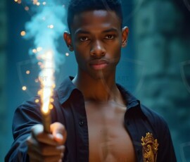 AI-generated wizards of the lion house handsome shirtless mages of the wizard academy conjuring great white lions in cinematic UHD fantasy art.