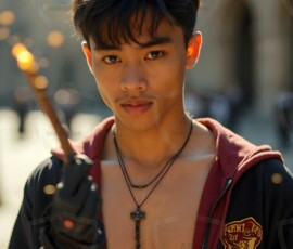 AI-generated wizards of the lion house handsome shirtless mages of the wizard academy conjuring great white lions in cinematic UHD fantasy art.
