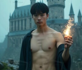 AI-generated wizards of the lion house handsome shirtless mages of the wizard academy conjuring great white lions in cinematic UHD fantasy art.
