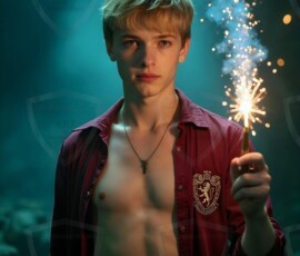 AI-generated wizards of the lion house handsome shirtless mages of the wizard academy conjuring great white lions in cinematic UHD fantasy art.