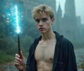 AI-generated wizards of the lion house handsome shirtless mages of the wizard academy conjuring great white lions in cinematic UHD fantasy art.