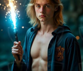 AI-generated wizards of the lion house handsome shirtless mages of the wizard academy conjuring great white lions in cinematic UHD fantasy art.
