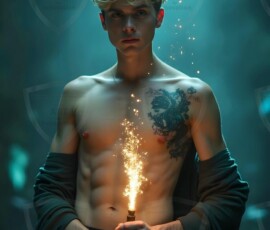 AI-generated wizards of the lion house handsome shirtless mages of the wizard academy conjuring great white lions in cinematic UHD fantasy art.