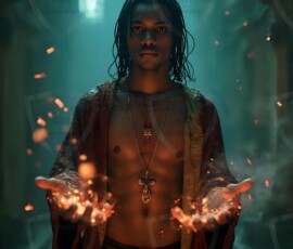 AI-generated wizards of the lion house handsome shirtless mages of the wizard academy conjuring great white lions in cinematic UHD fantasy art.