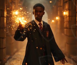 AI-generated wizards of the lion house handsome shirtless mages of the wizard academy conjuring great white lions in cinematic UHD fantasy art.