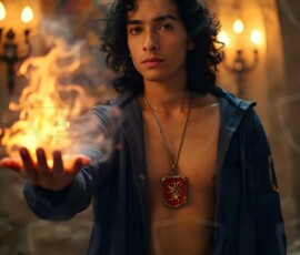 AI-generated wizards of the lion house handsome shirtless mages of the wizard academy conjuring great white lions in cinematic UHD fantasy art.