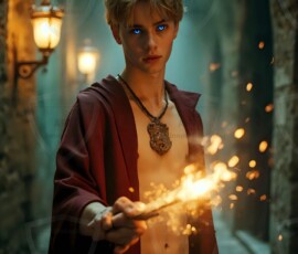 AI-generated wizards of the lion house — handsome shirtless mages of the wizard academy conjuring great white lions in cinematic UHD fantasy art.