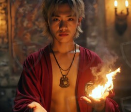AI-generated wizards of the lion house handsome shirtless mages of the wizard academy conjuring great white lions in cinematic UHD fantasy art.